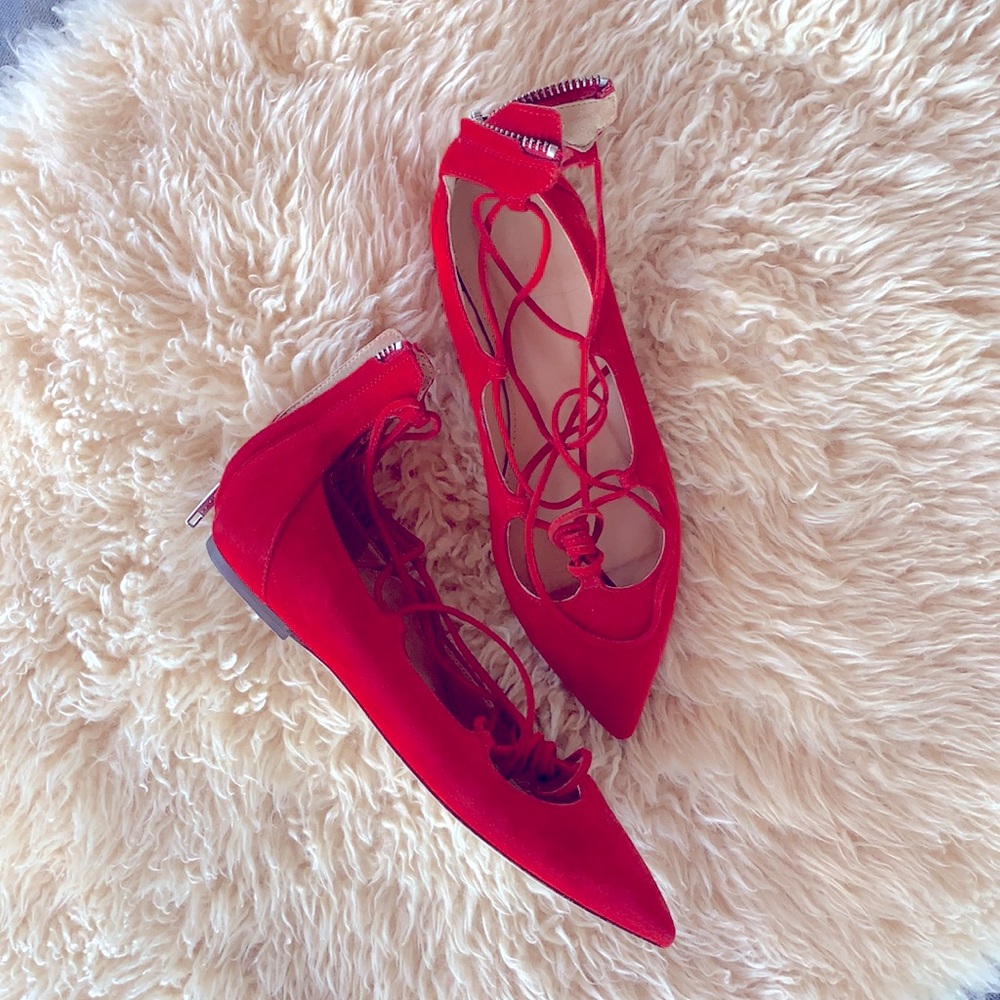 Red suede J.Crew flats with ankle ties, size 6